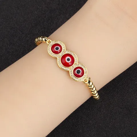 Bracelet Mauvais Œil en Cuivre Plaqué Or 18K pour Femmes Hommes Réglable Zirconia Bracelet de Perles Nazar Turc Bijoux Porte-Bonheur