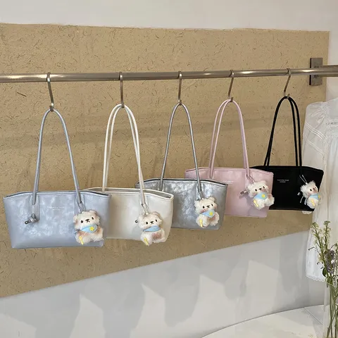 Women's Vintage Commuter Large Capacity Solid Color PU Tote Bag Simple Casual Handbag Underarm Shoulder Bag With Pendant