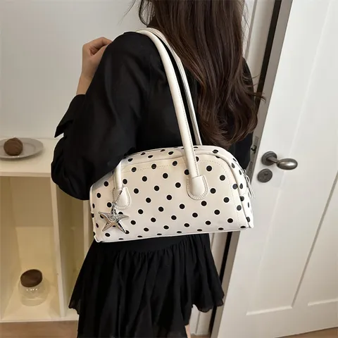 Women Polka Dot Shoulder Bag Large Capacity Cute Korean Style Casual PU Leather Pillow Bag With Pendant Fashion Handbag