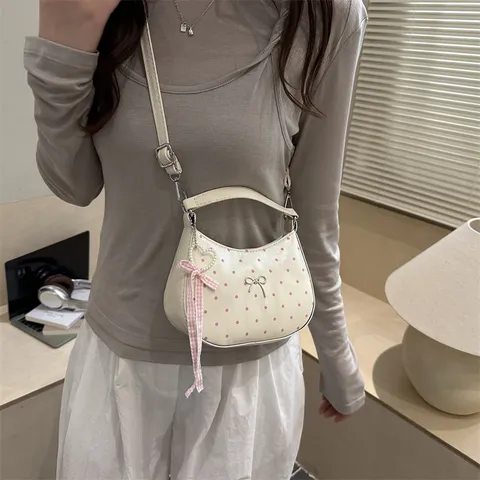 Women PU Leather Crescent Underarm Bag Polka Dot Casual Shoulder Bag With Bow Pearl Pendant Trendy Commuter Handbag