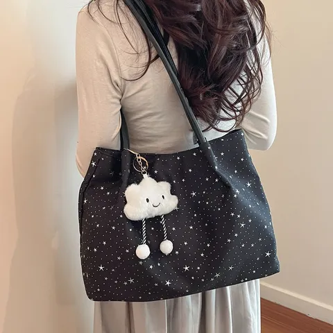 Sac Cabas en Toile pour Femmes Grande Capacité Sac à Main d'Épaule Motif Étoile Sac Casual avec Pendentif