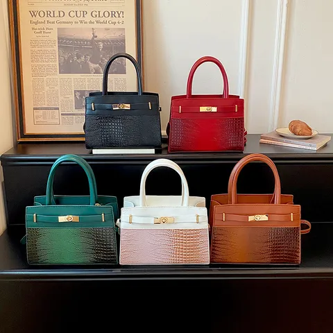 Women PU Leather Shoulder Bag Crocodile Pattern Urban Minimalist Top Handle Satchel Crossbody Bag Commute Handbag