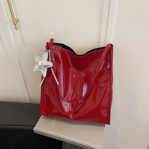 Women Large Capacity Patent Leather Tote Bag Solid Color Casual Commuter Shoulder Handbag with Star Pendant