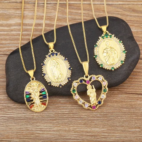 18K Gold Plated Copper Religious Saint Mary Grim Reaper Pendant Necklace With Colorful Zirconia Gothic Vintage Heart Necklace For Unisex Jewelry Gift