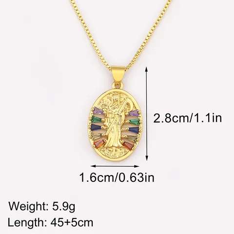 18K Gold Plated Copper Religious Saint Mary Grim Reaper Pendant Necklace With Colorful Zirconia Gothic Vintage Heart Necklace For Unisex Jewelry Gift