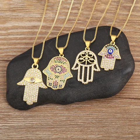 18K Gold Plated Copper Hamsa Hand Evil Eye Pendant Necklace For Women Zirconia Inlaid Fashion Jewelry Turkish Amulet Adjustable Chain Gift