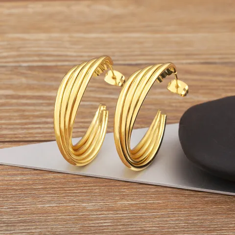 Orecchini A Cerchio A Forma Di C Per Donne In Rame Placcato Oro 18K Intrecciati Multistrato Geometrici Gioielli