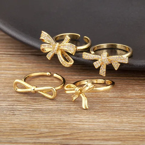 18 Karat Vergoldet Kupfer Schleife Ring Für Frauen Verstellbar Zirkonia Eingelegt Eleganter Luxus Schleifenknoten Offener Ring Modeschmuck