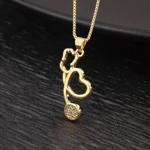 Stethoscope Heart Pendant Necklace 18K Gold Plated Copper Zirconia Hip Hop Medical Jewelry For Nurse Doctor Women Gift