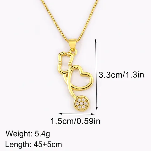 Stethoscope Heart Pendant Necklace 18K Gold Plated Copper Zirconia Hip Hop Medical Jewelry For Nurse Doctor Women Gift
