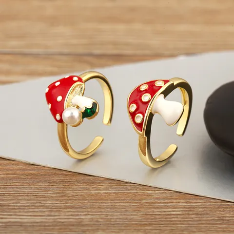 18K Gold Plated Copper Mushroom Enamel Open Ring For Women Red Polka Dot Adjustable Zirconia Pearl Cute Finger Ring Fashion Jewelry
