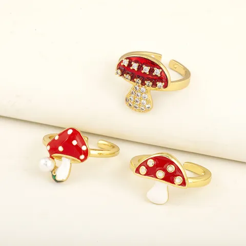 18K Gold Plated Copper Mushroom Enamel Open Ring For Women Red Polka Dot Adjustable Zirconia Pearl Cute Finger Ring Fashion Jewelry