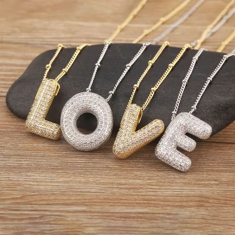 Personalized Bubble Initial Pendant Necklace For Women Micro Pave Zirconia 26 Letters Beaded Chain Gold Silver Jewelry