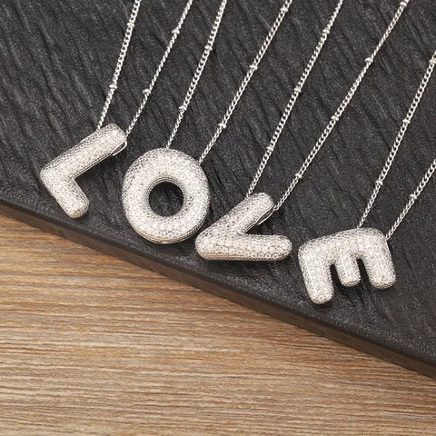 Balloon Alphabet Initial Letter Necklace For Women Copper Silver Plated Hollow 3D Puffy Letter Zirconia Pendant Necklace Jewelry