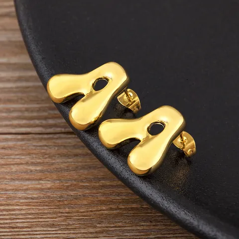 Fashion 18K Gold Plated Copper Bubble Initial Stud Earrings For Women Minimalist A-Z Alphabet Letter Earrings Jewelry Gift