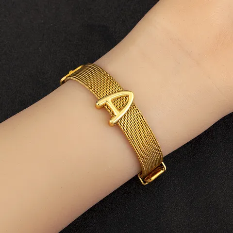 Gold Plated Copper Mesh Band Alphabet Letter Charm Bracelet Adjustable Custom DIY Initials Wristband Jewelry For Men Women Daily Decor Gift