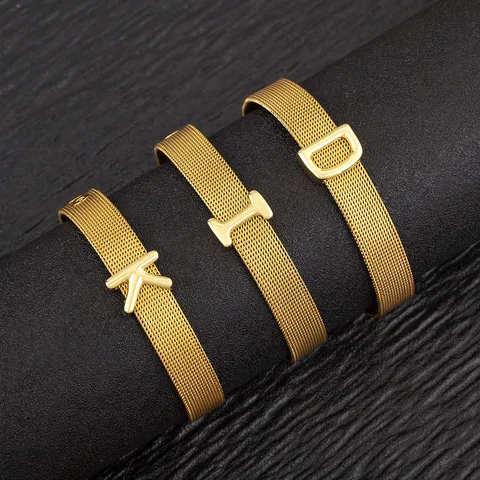 Gold Plated Copper Mesh Band Alphabet Letter Charm Bracelet Adjustable Custom DIY Initials Wristband Jewelry For Men Women Daily Decor Gift