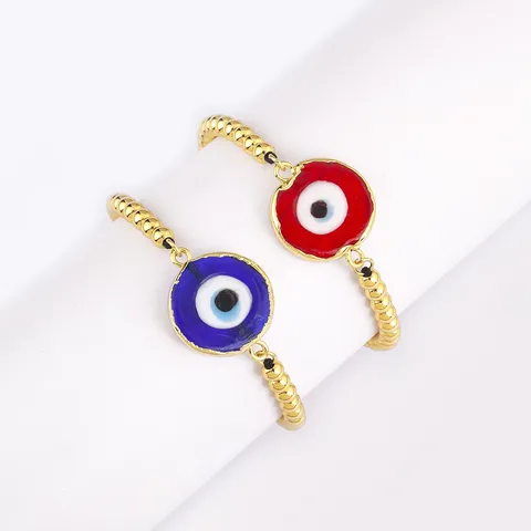 Bracelet Mauvais Oeil en Cuivre Plaqué Or 18K avec Perles en Zirconia Émaillé Oeil Bleu Turc Chaîne de Main Réglable Bijoux