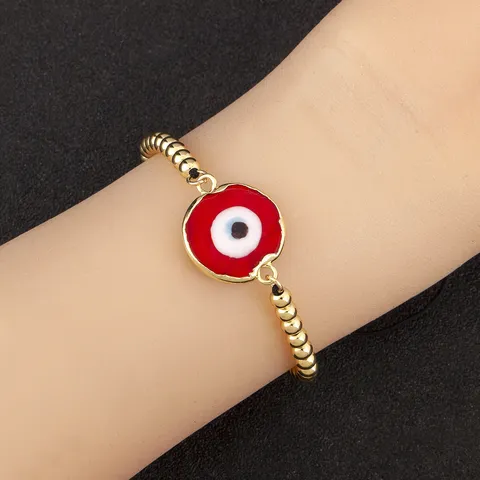 Bracelet Mauvais Oeil en Cuivre Plaqué Or 18K avec Perles en Zirconia Émaillé Oeil Bleu Turc Chaîne de Main Réglable Bijoux