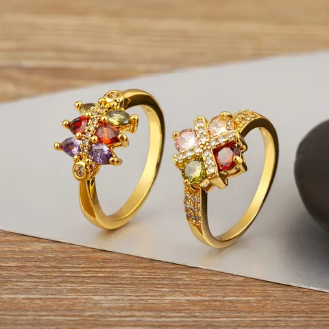 Vintage Luxury Geometric Rhinestone Open Ring For Women Electroplated Copper Colorful Crystal Adjustable Finger Jewelry Gift