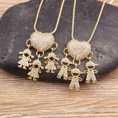 18K Gold Plated Copper Pave Zirconia Heart Family Pendant Necklace Box Chain Exquisite Kids Boy Girl Charm Necklaces Jewelry Gift