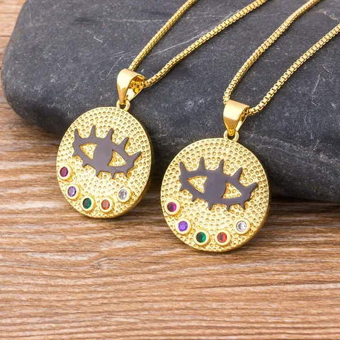 Turkish Evil Eye Necklace Gold Plated Copper Colorful Zirconia Round Pendant Necklace For Women Amulet Jewelry Gift