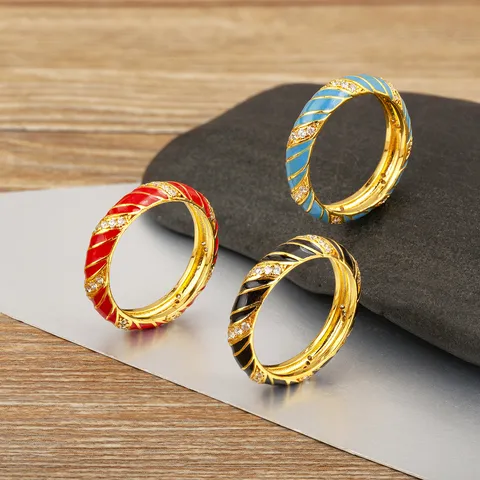 Luxury 18K Gold Plated Copper Colorful Enamel Spiral Stripe Statement Ring With Micro Pave Zirconia European Style Fashion Ring Jewelry For Unisex