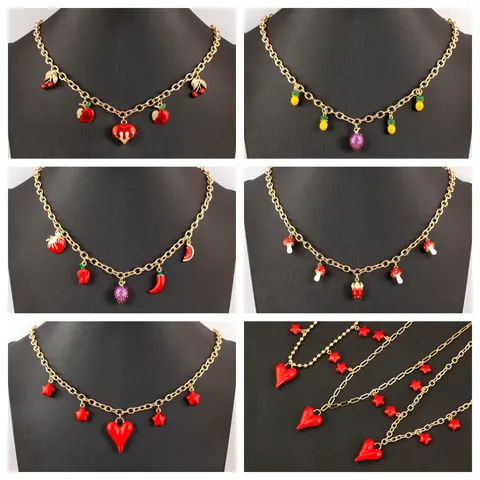 18K Vergoldete Kupfer Halskette Mit Mehreren Anhängern Für Damen Süße Herz Kirsche Erdbeere Pilz Stern Zirkonia Choker Schmuck Geschenk