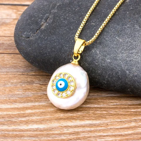 Gold Plated Copper Evil Eye Pendant Necklace Geometric Baroque Artificial Pearl Zirconia Heart Cross Statement Choker Chain Jewelry For Unisex
