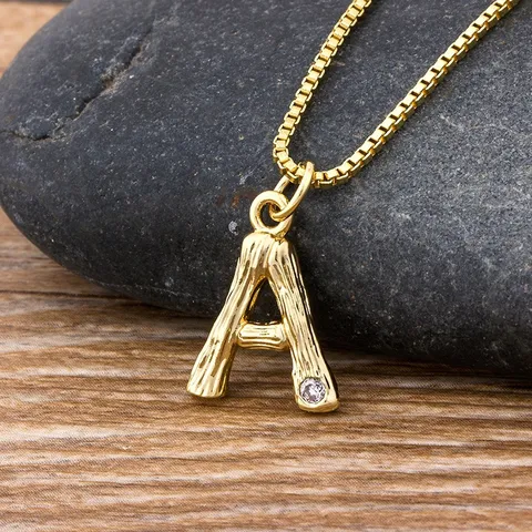Minimalist 18K Gold Plated Copper Initial Necklace For Women Bamboo Texture Hammered Zirconia Alphabet Letter Pendant Jewelry