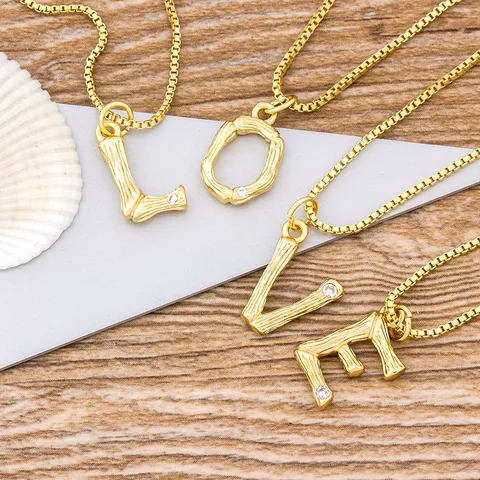 Minimalist 18K Gold Plated Copper Initial Necklace For Women Bamboo Texture Hammered Zirconia Alphabet Letter Pendant Jewelry
