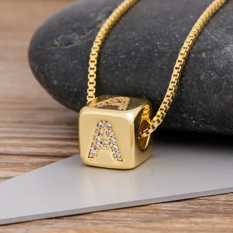 Minimalist Gold Plated Copper Alphabet Initial Letter Necklace Sparkling Cubic Zirconia Geometric Cube Box Chain Pendant Necklace Personalized Fashion Charm Jewelry For Women Party Gift