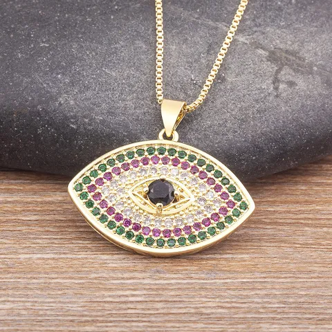Vintage Evil Eye Pendant Necklace For Women Copper 18K Gold Plated Colorful Zirconia Nazar Amulet Clavicle Chain Jewelry Gift