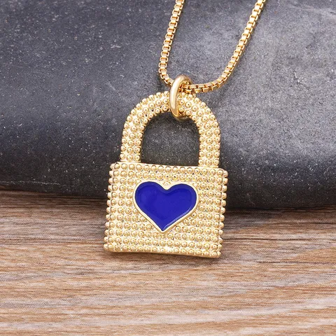 Collier Pendentif Serrure Coeur Émail en Cuivre Plaqué Or 18K Vintage Chaîne Choker Zirconia Bijoux Mode Unisexe