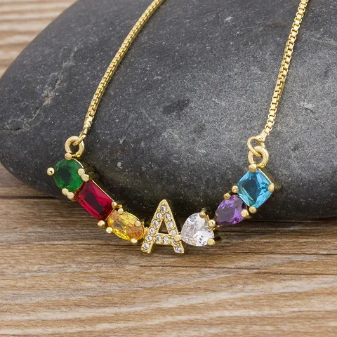 Euro-American Gold Plated Copper Rhinestone English Alphabet Pendant Necklace Luxury Multi-Color Gemstone Clavicle Chain For Unisex Party Jewelry Gift
