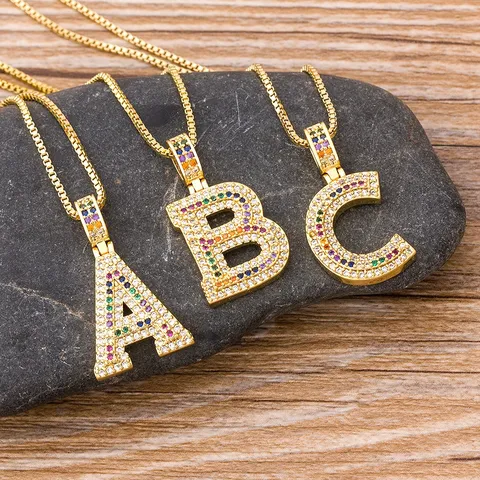 Icy Pave Cubic Zirconia Initial Letter Pendant Necklace Hip Hop Gold Plated Copper Alphabet Jewelry For Men Women