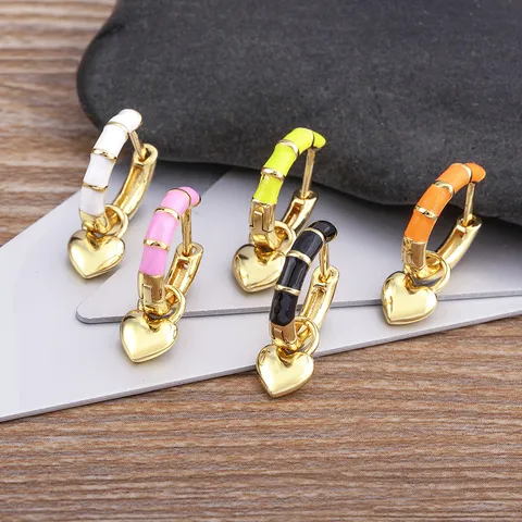 18K Gold Plated Copper Heart Drop Earrings Colorful Enamel Drip Bamboo Joint Hoop Sweet Cool Fashion Jewelry For Women