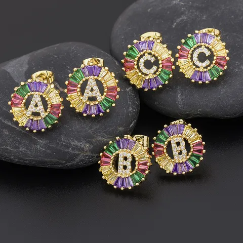 Luxury 18K Gold Plated Copper Alphabet Initial Stud Earrings Colorful Zirconia Letter A-Z Round Earrings For Women Fashion Jewelry