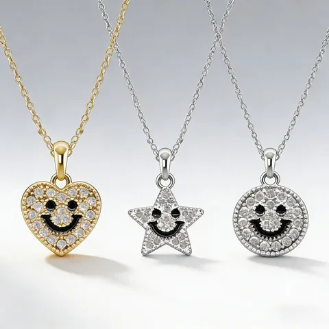 Trendige Legierung Strass Smiley Gesicht Anhänger Halskette Glänzende Herz Stern Runde Choker Kette Für Damen Jugendliche Schmuck
