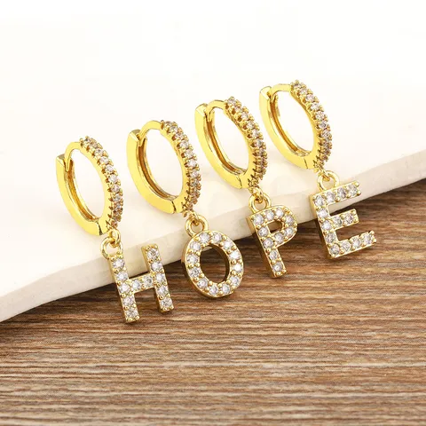 18K Gold Plated Copper Alphabet Initial Hoop Earrings For Women Micro Pave Zirconia Letter Dangle Earrings Delicate Jewelry Gift