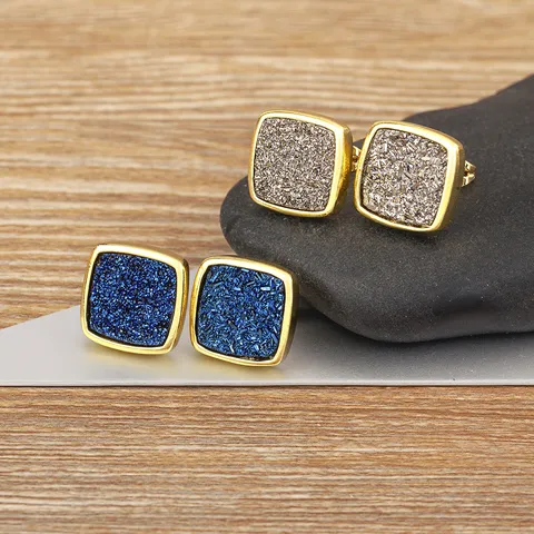 Vintage Square Mineral Stone Stud Earrings 18K Gold Plated Copper Zirconia Retro Geometric Druzy Earrings For Women Fashion Jewelry