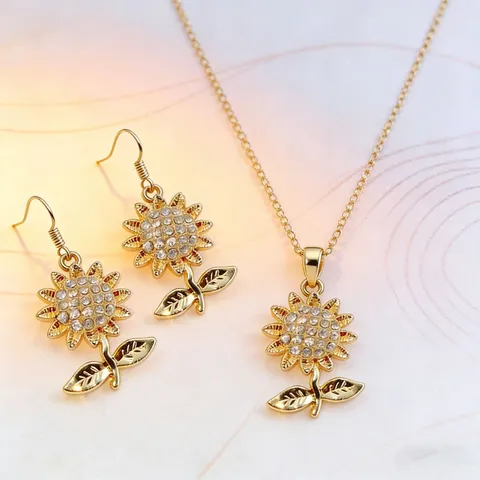 Exquisite Alloy Sunflower Jewelry Necklace And Flower Drop Earrings Dainty Sweet Floral Rhinestone Accessories For Women Daily Party