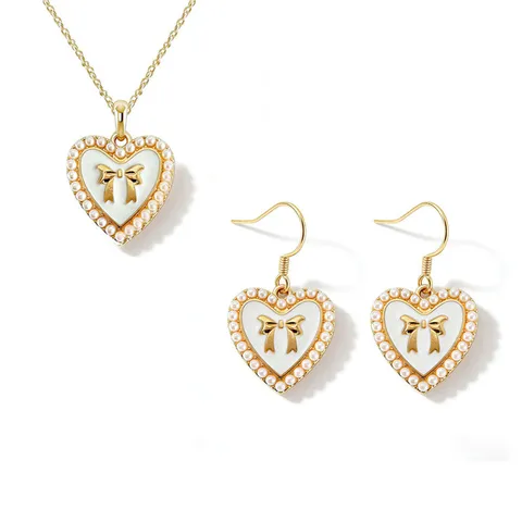 Women Alloy Artificial Pearl Heart Pendant Bow Knot Jewelry Set Necklace Earrings Set Enamel Butterfly Choker Jewelry