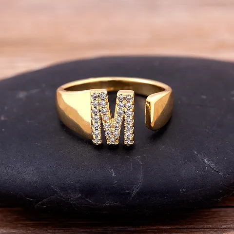 Copper 18K Gold Plated Zirconia Initial Letter Ring Adjustable Open Finger Jewelry For Women Personality Alphabet Ring