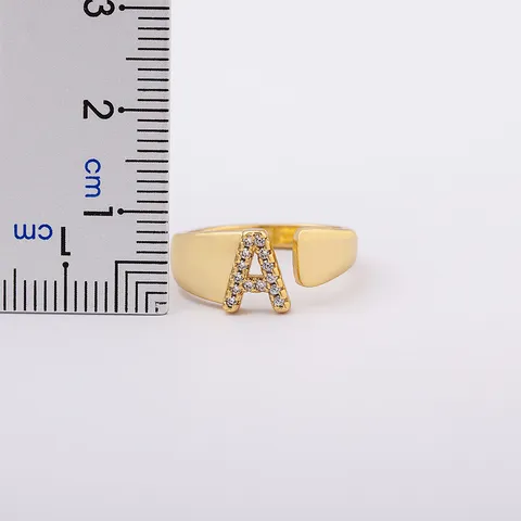 Copper 18K Gold Plated Zirconia Initial Letter Ring Adjustable Open Finger Jewelry For Women Personality Alphabet Ring