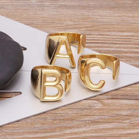 18K Gold Plated Copper A-Z Initial Letter Open Ring Western Style Large Adjustable Initial Ring Jewelry For Men Women Couples