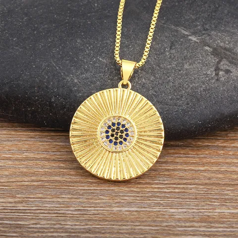 18K Gold Plated Copper Round Disc Pendant Necklace Colorful Zirconia Sunburst Evil Eye Necklace Boutique Jewelry For Women