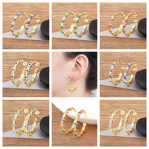 18K Gold Plated Copper Evil Eye Hoop Earrings For Women Heart Star Pattern Cubic Zirconia Inlaid Fashion Jewelry Charm Earrings
