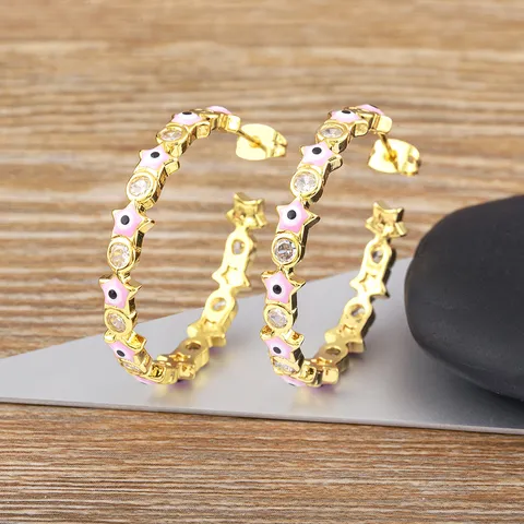 18K Gold Plated Copper Evil Eye Hoop Earrings For Women Heart Star Pattern Cubic Zirconia Inlaid Fashion Jewelry Charm Earrings