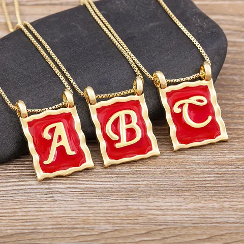 Retro 18K Gold Plated Copper Square Initial Letter Pendant Necklace Red Enamel Zirconia Clavicle Chain Jewelry For Women Men